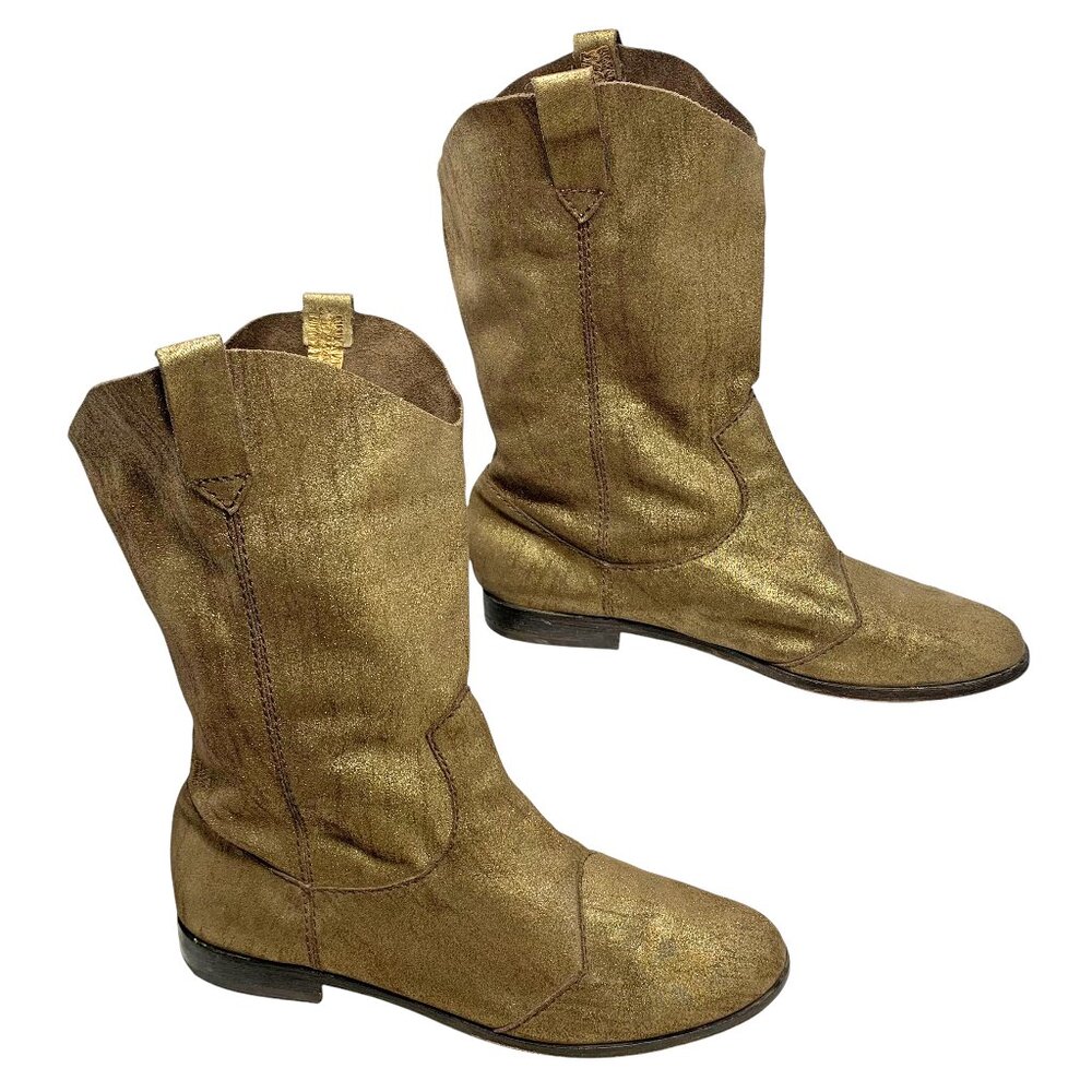 CYNTHIA VINCENT Shimmery Brass Toned Leather Western Styled Mid-Calf Boot